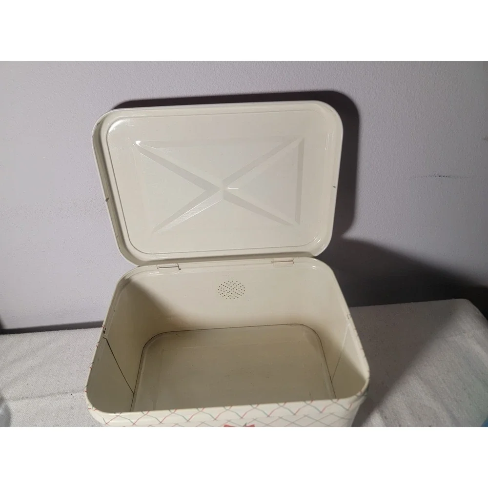 Vintage Tin Metal Breadbox Cream Red Floral Lattice Print Kitchen Storage Box